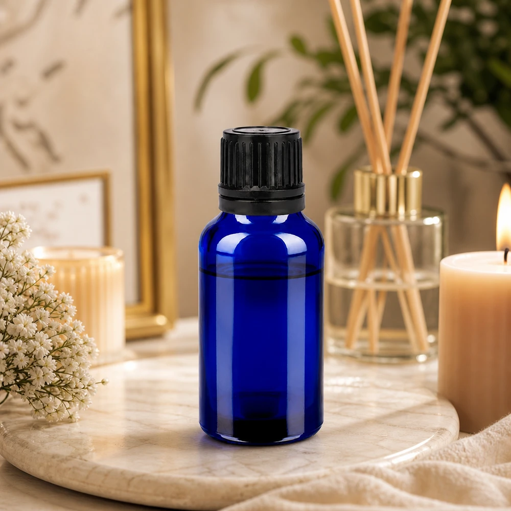 Flacon 20ml 11mm SV noir OV BlueLine UT18/20 Bouteille de pharmacie bleue de 20 ml avec bouchon à vis noir pour un stockage sûr des essences