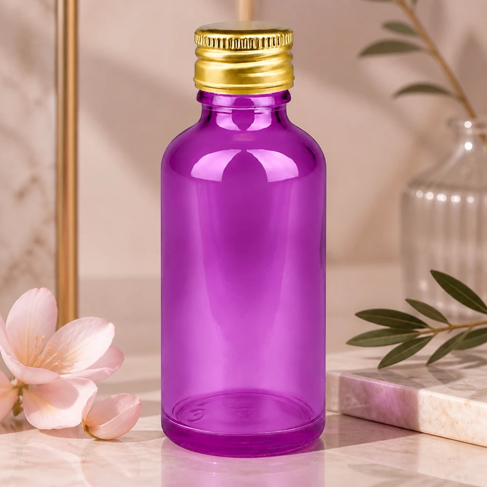 Flacon en verre violet élégant de 50 ml au design doré raffiné pour des applications de beauté exclusives