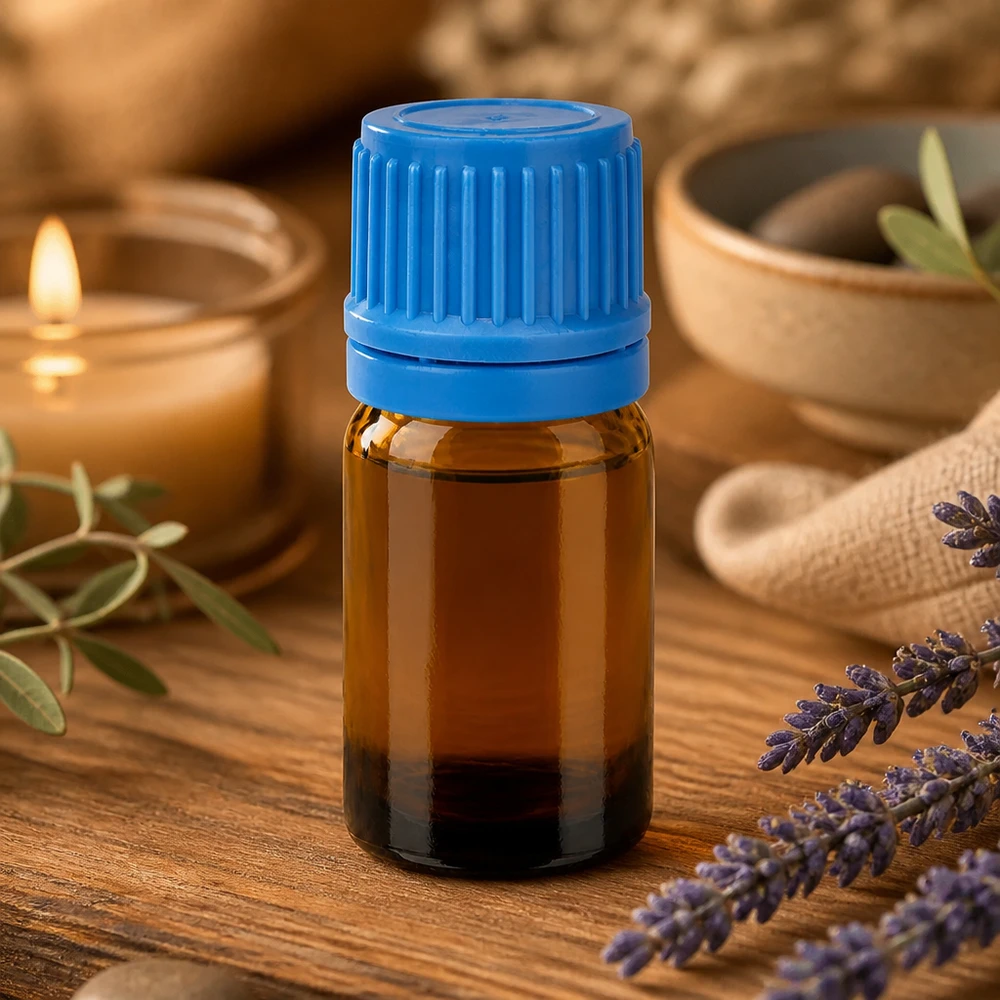 Petite bouteille de pharmacie de 5ml en verre brun avec bouchon vissant bleu pour cosmétiques