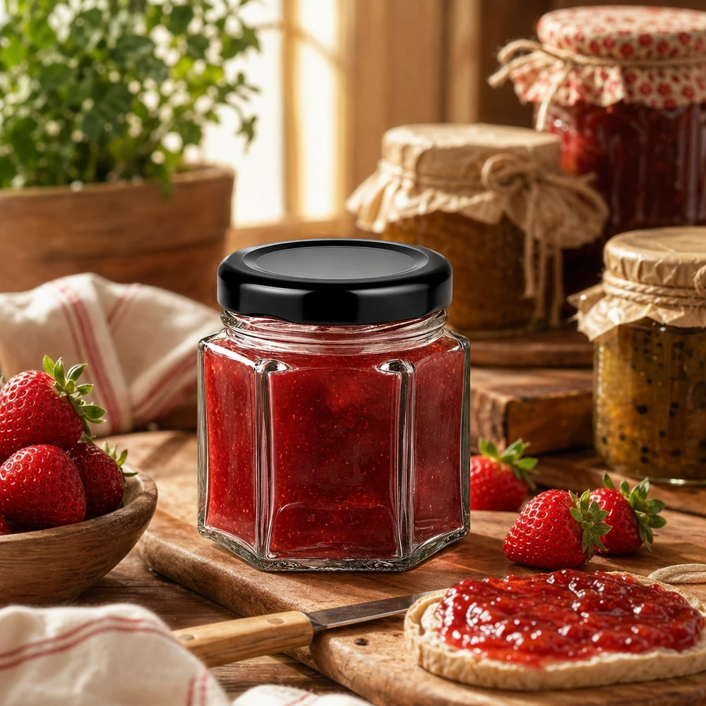 Hexaglase 47ml avec couvercle noir rempli de confiture de fraises dans une cuisine rustique avec des fraises fraîches