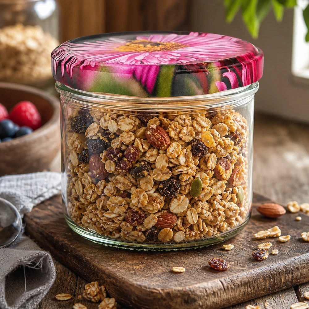 Pot à provisions 230ml BasicSeal Couvercle Motif fleuri Rempli de muesli Noix Fruits secs Granola Conservation