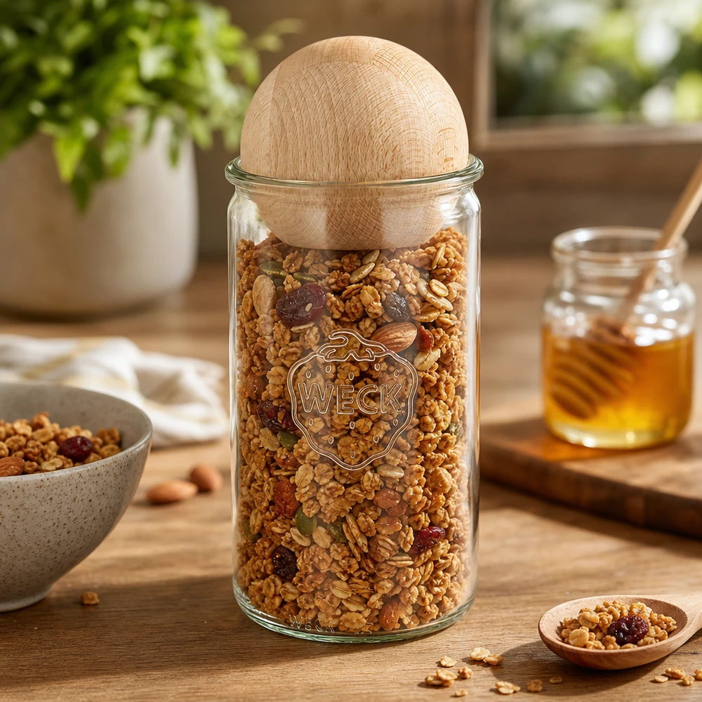 WECK Bocal à provisions 1590ml RR100 rempli de céréales et de noix montre une utilisation pratique de la cuisine avec fermeture à bille en bois