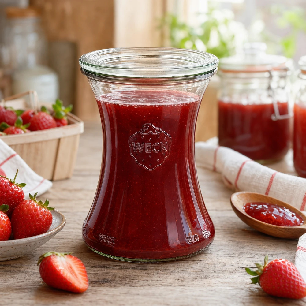 WECK Pot de délicatesse 370ml rempli de confiture de fraise montre l'utilisation pratique du pot RR80 dans la cuisine