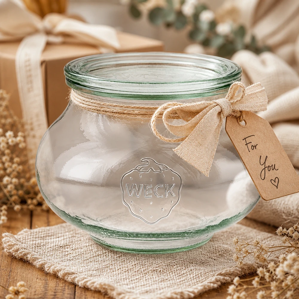 WECK Bocal à bijoux 1062ml comme idée de cadeau avec ruban et pendentif dans un emballage décoratif festif