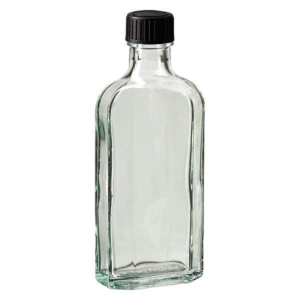 Flasque transparente de 125 ml au goulot DIN 22, avec bouchon à vis DIN 22 noir et joint LKD Flasque transparente de 125 ml au goulot DIN 22, avec bouchon à vis DIN 22 noir et joint LKD