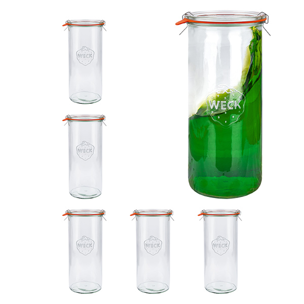 Lot de 6 bocaux Weck 1500ml ronds + couvercle en verre + anneaux + pinces