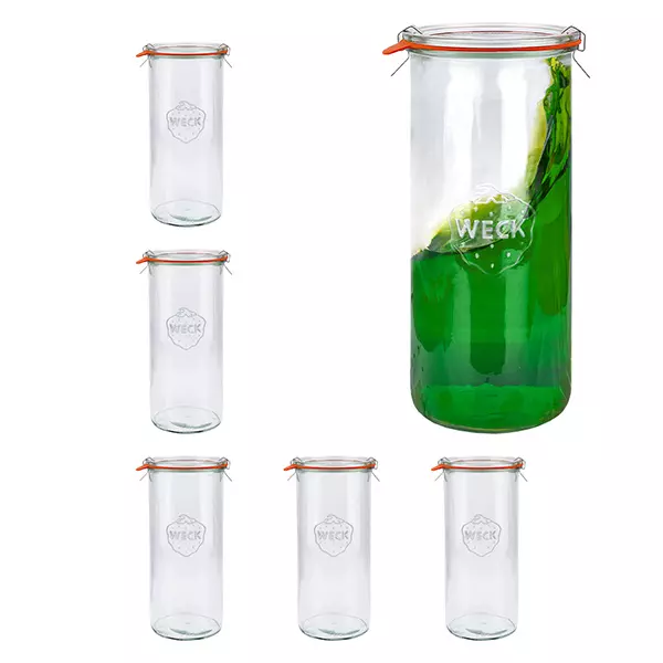 Lot de 6 bocaux Weck 1500ml ronds + couvercle en verre + anneaux + pinces Lot de 6 bocaux Weck 1500ml ronds + couvercle en verre + anneaux + pinces