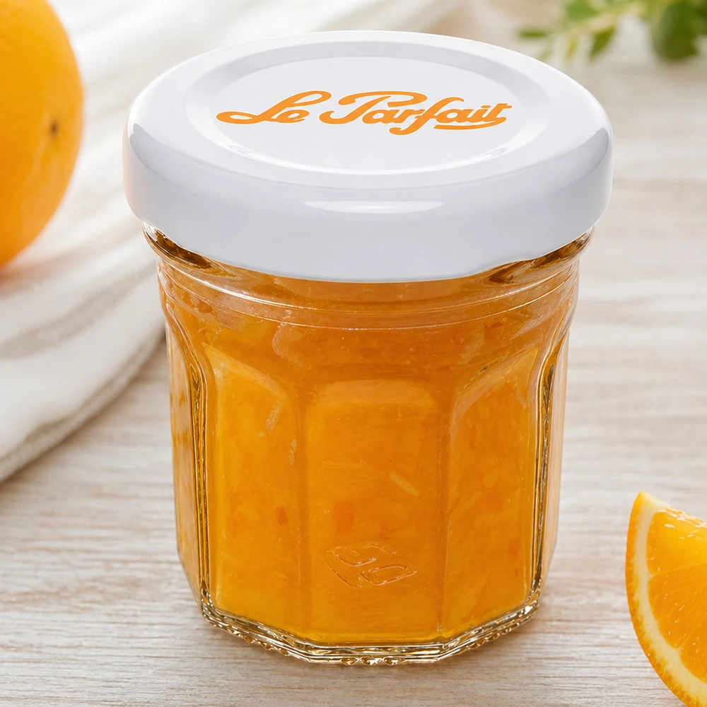 Le Parfait Mini-verre à pied de 44 ml rempli de marmelade d'orange avec couvercle blanc à côté de tranches d'orange fraîche