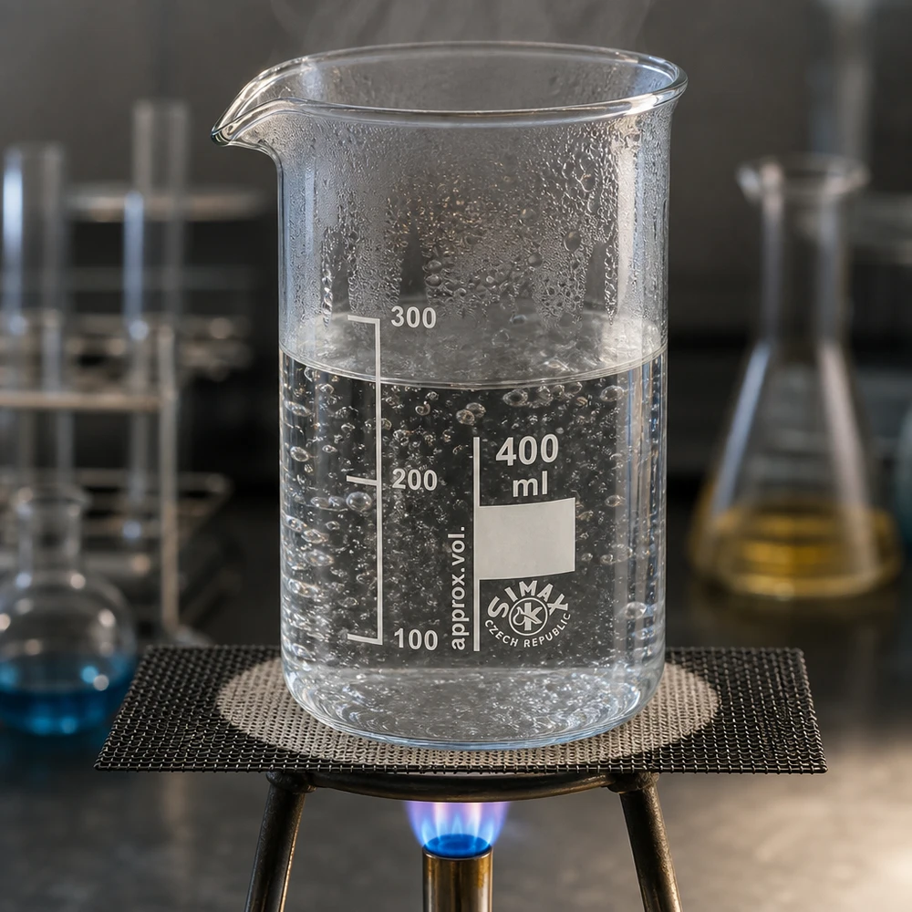 Bécher 400ml en verre borosilicate résistant à la chaleur (forme haute) Bécher en verre résistant à la chaleur de 400 ml contenant de l'eau bouillante et présentant des bulles d'ébullition visibles