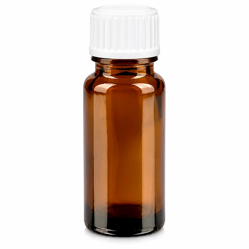 Petit flacon en verre ambré de 10 ml muni d'un bouchon à vis blanc à l'épreuve des enfants, destiné à contenir des gouttes