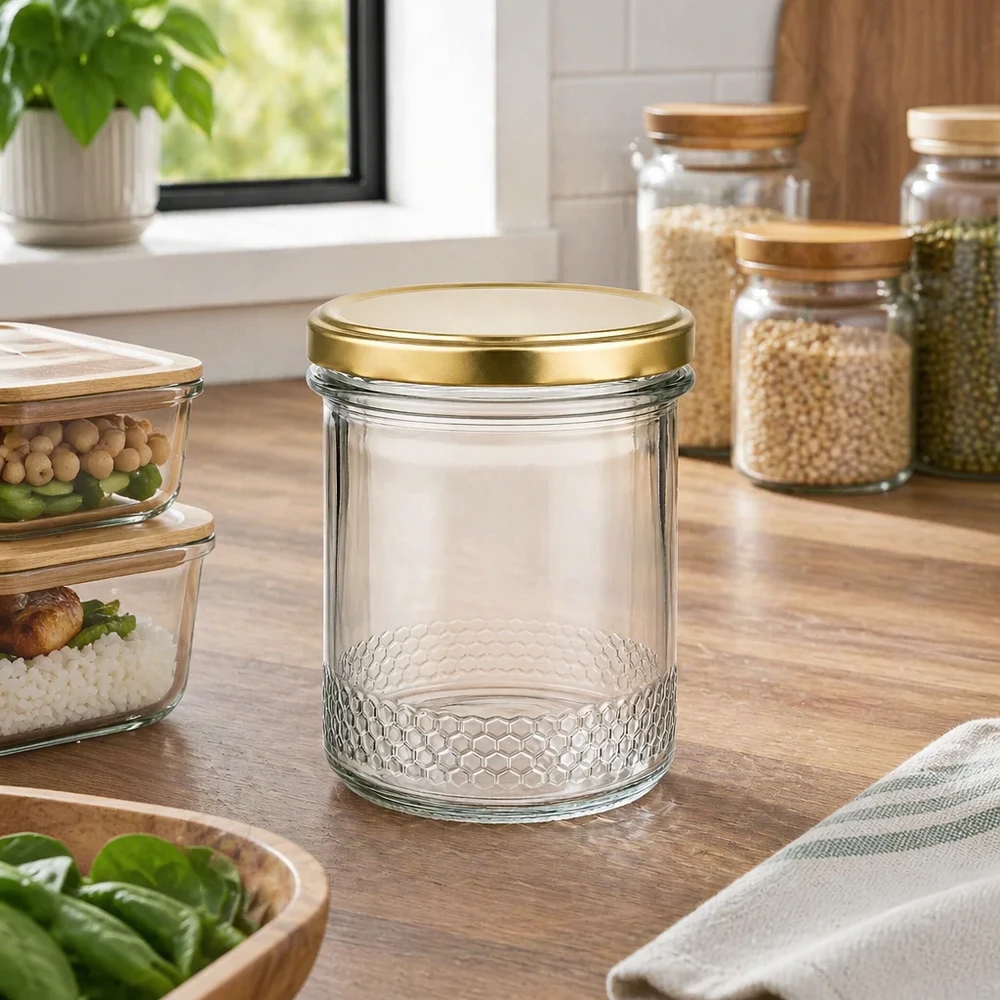 Pot à miel vide de 400 ml avec couvercle doré BasicSeal UNiTWIST dans une cuisine moderne entre les bocaux à provisions