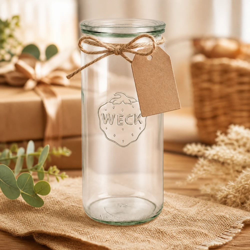 WECK Pot cylindrique 1040ml RR80 vide avec pendentif en jute sur table rustique en bois Styling déco Pot de conserve transparent