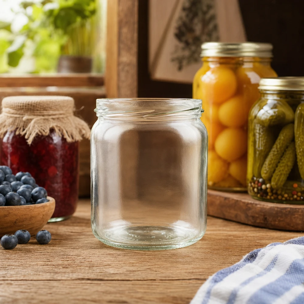 408ml Verre rond sans couvercle (TO82) UNiTWIST UNiTWIST Runda408 Verre rond vide 408ml TO82 dans une scène de cuisine avec des cornichons marinés et des fruits en arrière-plan