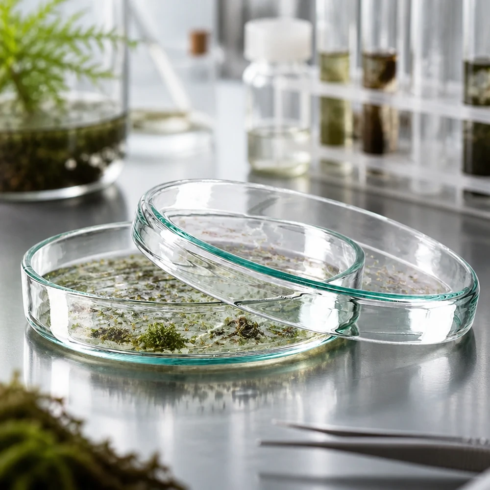 Boîte de Petri en verre sans compartiments, 80x15mm Boîte de Pétri transparente de 80 x 15 mm contenant des cultures d'algues dans un milieu aqueux, posée sur une paillasse de laboratoire