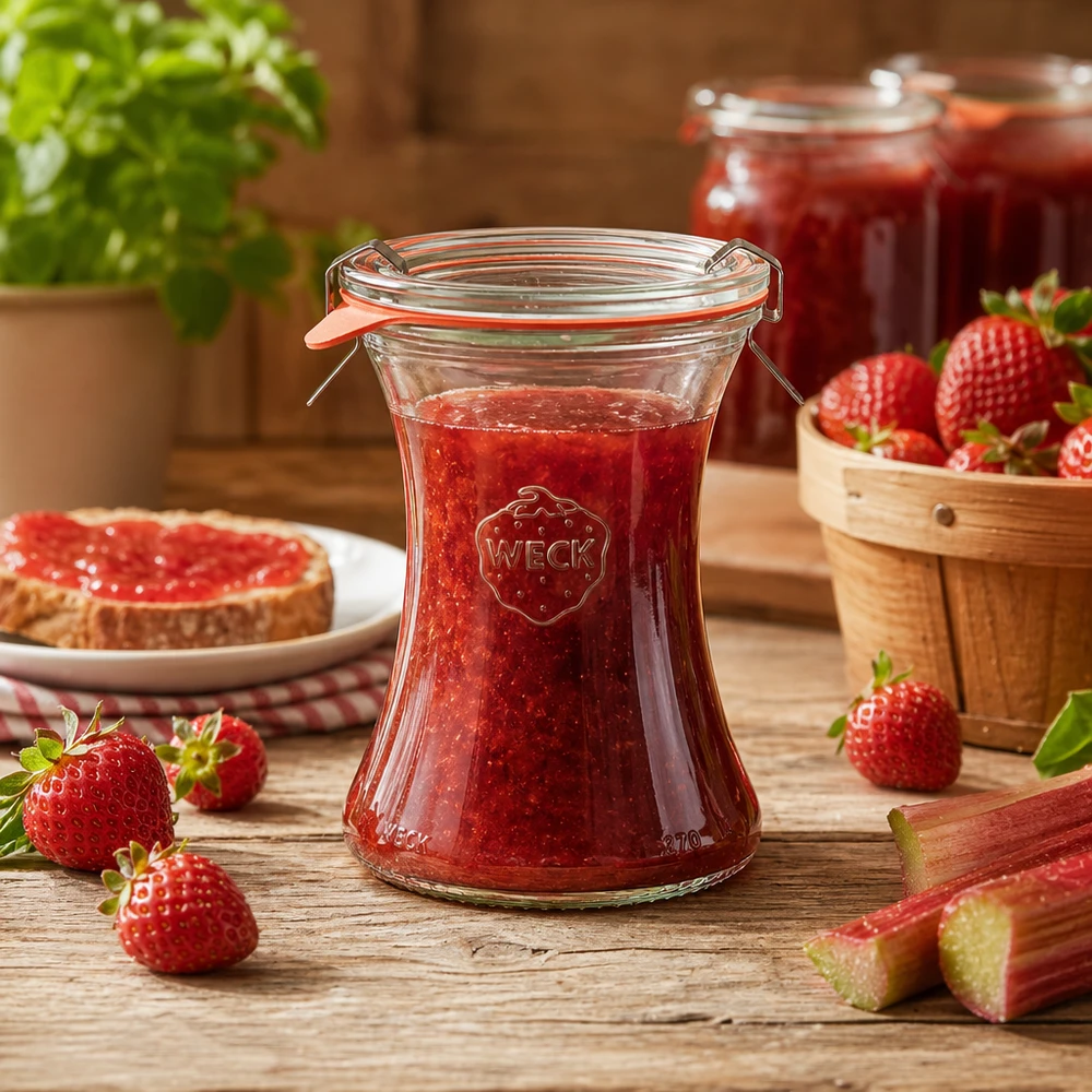 WECK Pot de conservation 370ml rempli de confiture de fraises Exemple d'utilisation pour faire de la confiture et de la marmelade