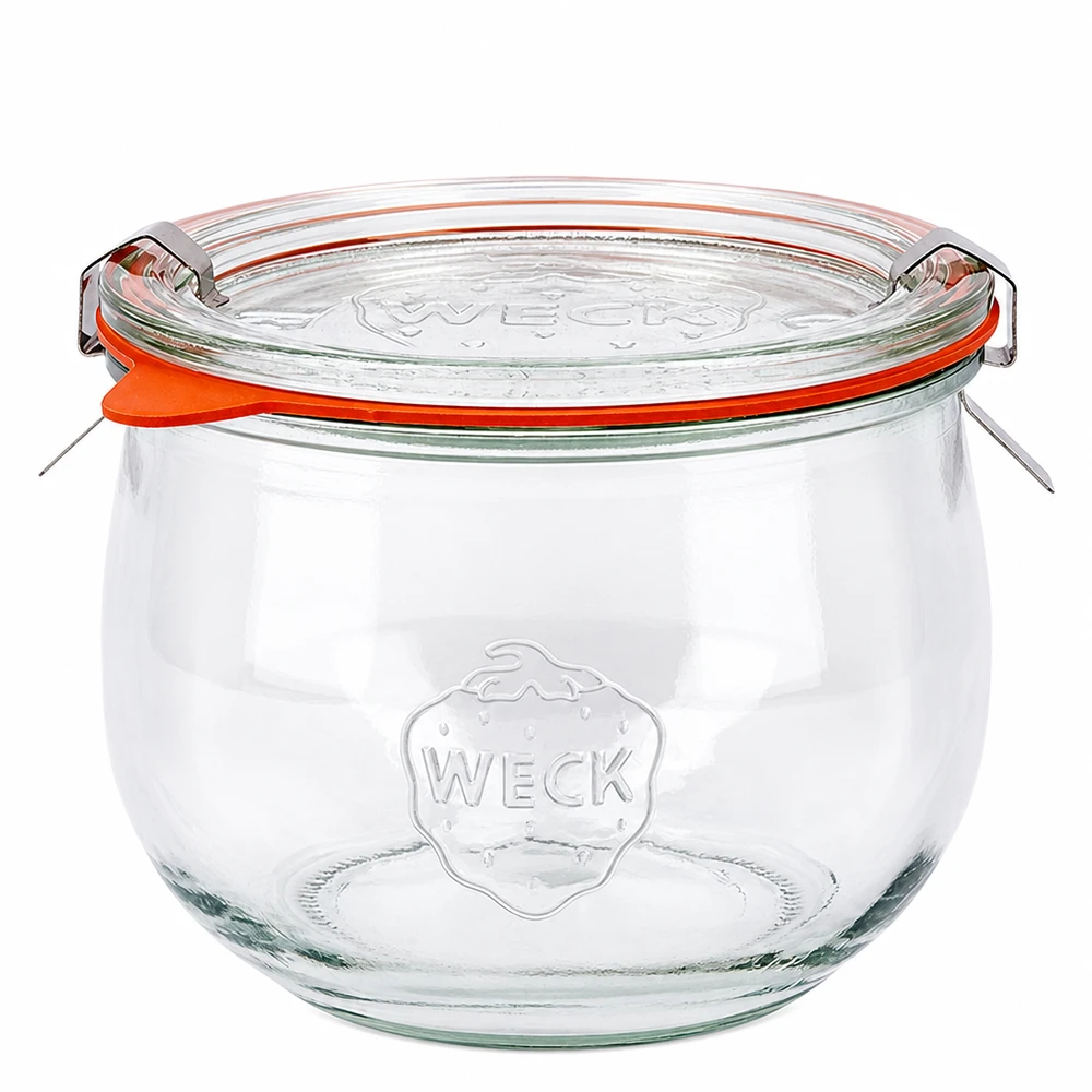 WECK Pot tulipe 580ml RR100 avec couvercle en verre et anneau en caoutchouc orange, pot à conserves classique en verre clair