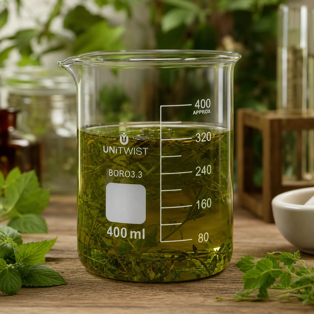 Beker 400ml borosilicaat, lage vorm UNiTWIST Bécher de 400 ml, de forme basse, rempli d'extrait végétal vert destiné à la fabrication de produits à base de plantes