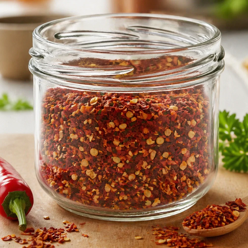 UNiTWIST Sturz260 Verre rond 260ml TO82 rempli de mélange d'épices au piment sur planche en bois avec des herbes aromatiques