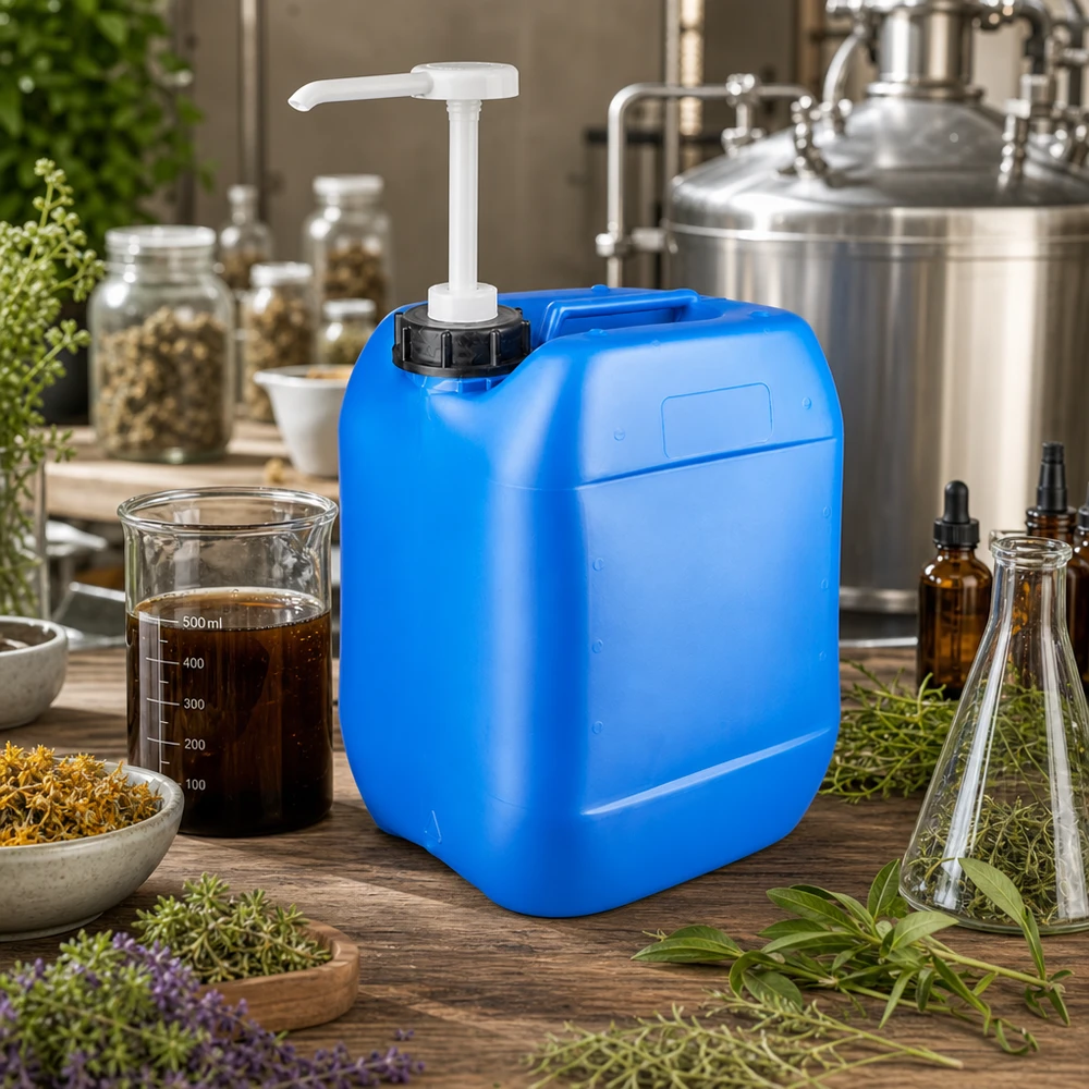 Bidon de 10 litres bleu avec pompe doseuse Bidon portable en plastique bleu de 10 L avec pompe, utilisé dans un atelier de naturopathie