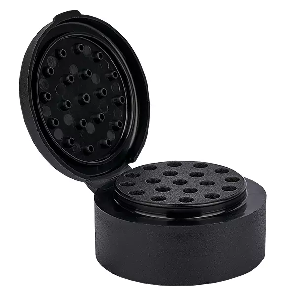 Couvercle du bocal à sel/épices avec ouverture à saupoudrer noir - Total 19 trous ø3.5mm. Filetage de 41mm. Charnière à charnière. EN PP.