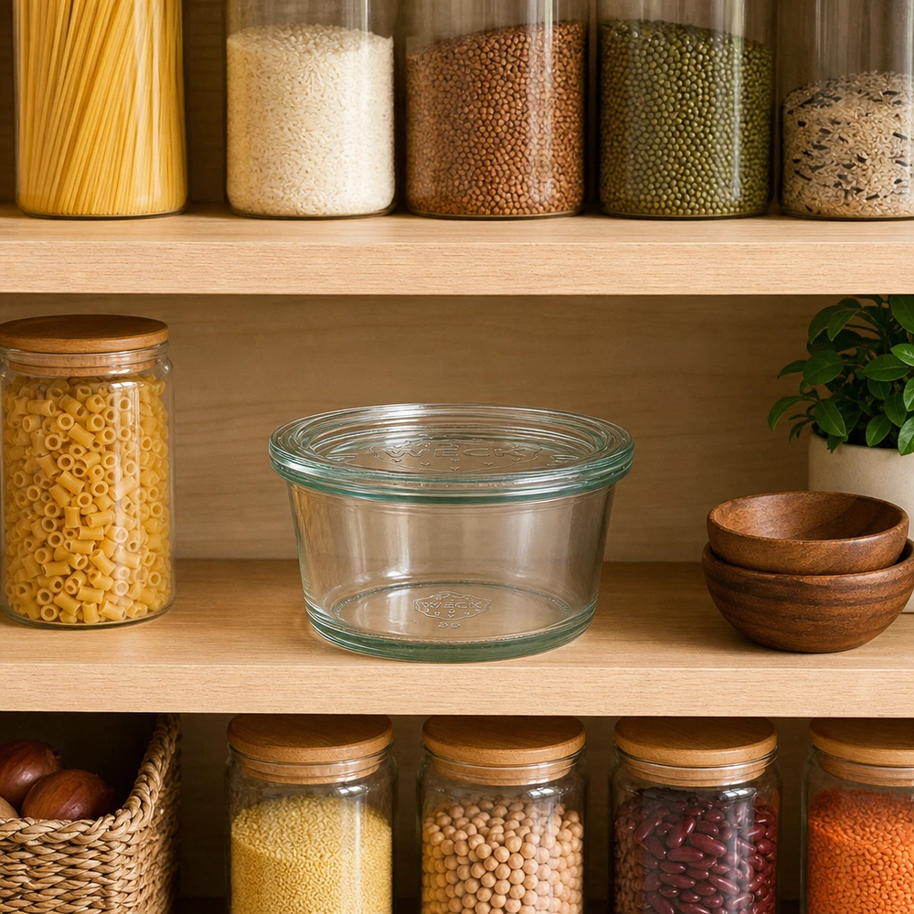 WECK RR120 Verre gourmet 450ml transparent dans un garde-manger organisé entre les bols en bois et les bocaux à provisions