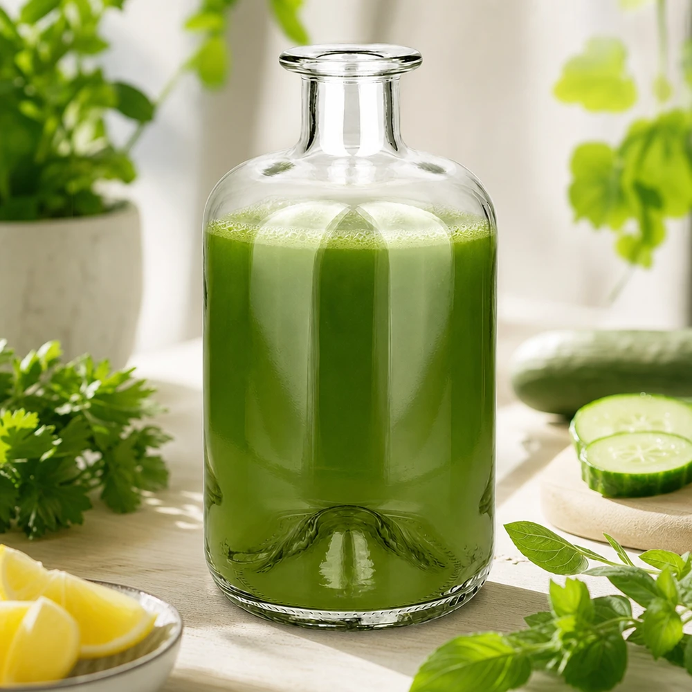 Flacon à pharmacie « 500ml Glasflasche "Luna" ohne Verschluss UNiTWIST » 500 ml sans bouchon UNiTWIST® Bouteille à pharmacie Luna 500ml remplie de smoothie vert entouré d'herbes fraîches, de concombre et de citron pour un zeste de bien-être.