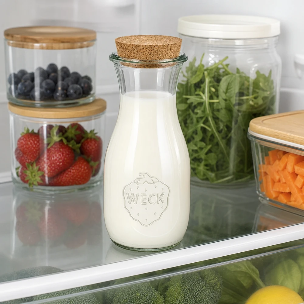 Bouteille de jus WECK de 530 ml remplie de lait dans le réfrigérateur à côté de bocaux à provisions avec des baies, de la salade et des légumes