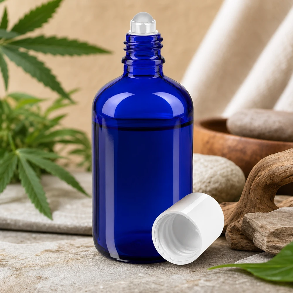 Flacon de pharmacie bleu 100ml Roll-On bouchon blanc Flacon roll-on de 100 ml, bleu avec bouchon blanc, pour huiles essentielles et CBD