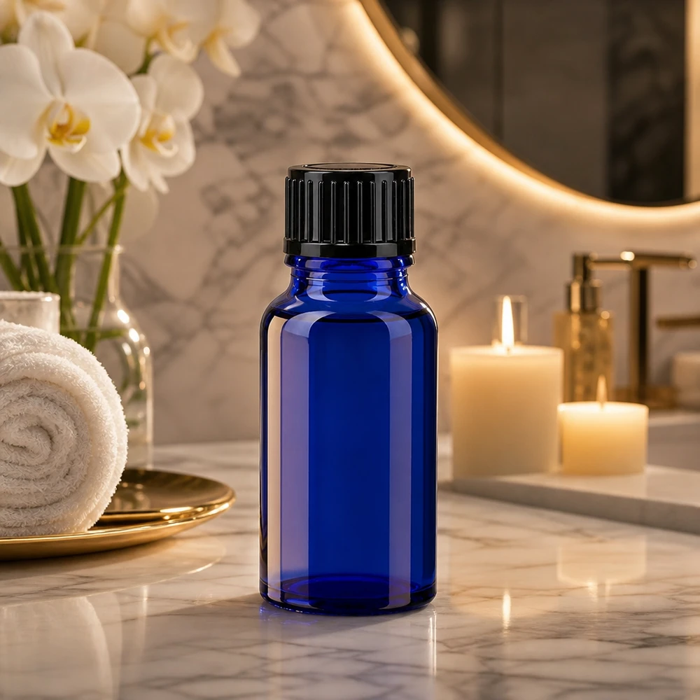 Flacon de pharmacie bleu 10ml bouchon vissable noir standart Flacon en verre bleu haut de gamme de 10 ml, SV STD, destiné aux cosmétiques et à la médecine naturelle
