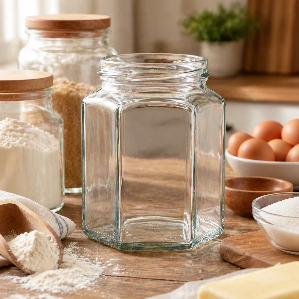 UNiTWIST Hexa288 bocal hexagonal 288ml TO63 vide sur planche en bois dans Cuisine avec ingrédients de cuisine