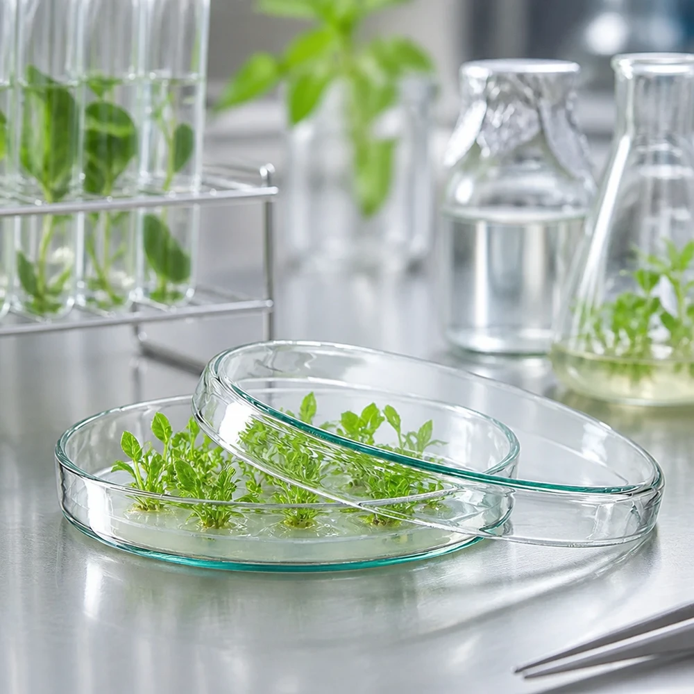 Boîtes de Pétri en verre transparent 90 x 15 mm pour la culture de plantes dans le cadre de la recherche botanique
