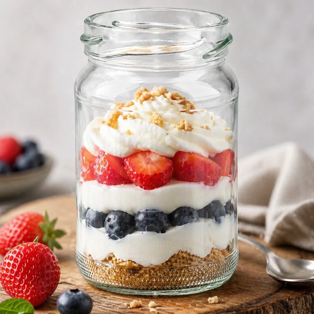 110ml Verre rond sans couvercle (TO48) UNiTWIST UNiTWIST Runda110 Verre rond 110ml TO48 avec dessert stratifié aux baies, yaourt et crumble rempli sur table en bois