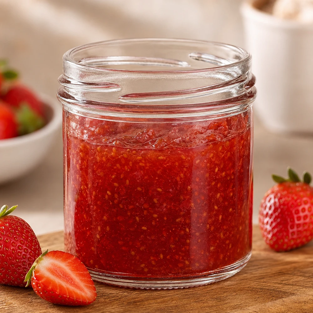 UNiTWIST Sturz167 Verre renversé 167ml TO66 rempli de confiture de fraises sur planche en bois avec fraises fraîches