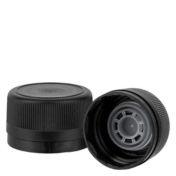 Capsule à vis PP 31,5 mm noir, bague anti-gouttes et bague d'inviolabilité Capsule à vis PP 31,5 mm noir, bague anti-gouttes et bague d'inviolabilité