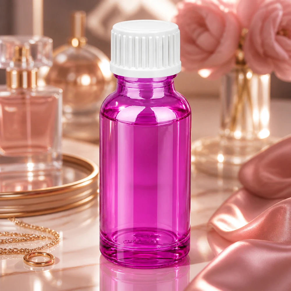 20ml (globules)Flacon 3mm bague de coulée blanc standard PurpleLine.UT18/20 Bouteille élégante de 20 ml en magenta-violet avec bouchon blanc anti-fuite