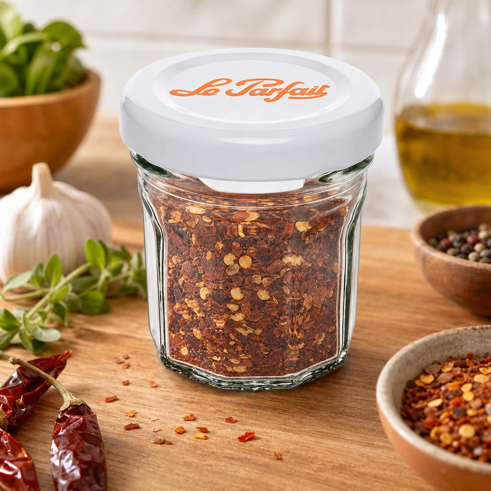 Le Parfait Mini-verre à pied de 44ml rempli de mélange d'épices au piment entre herbes et épices sur fond de bois