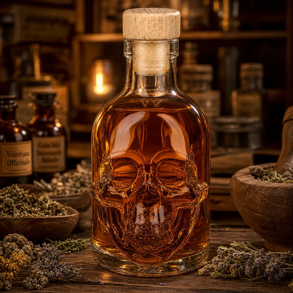 Bouteille en verre 200 ml « Jack » avec bouchon en bois UNiTWIST® Ambiance apothicaire avec bouteille en verre Jack à tête de mort de 200 ml, herbes et liquide ambré sur table en bois
