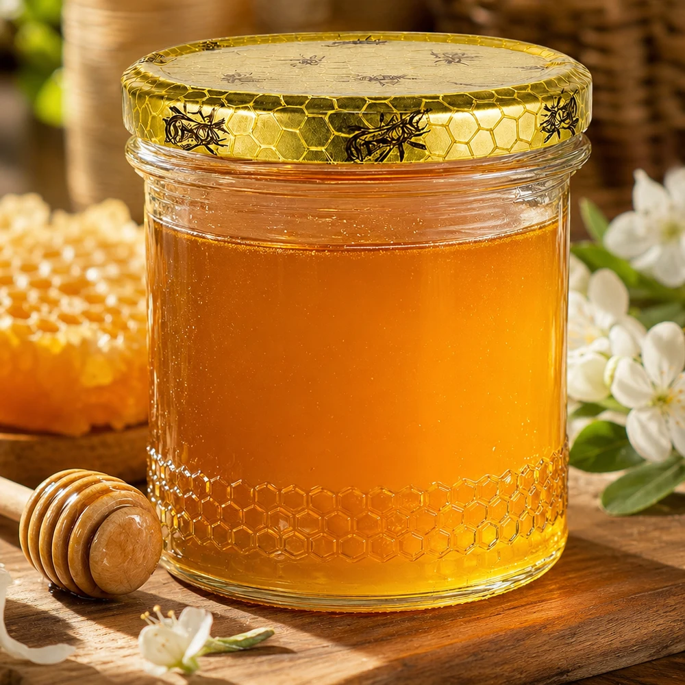 Pot de miel doré de 400 ml avec couvercle en nid d'abeille BasicSeal, cuillère à miel en bois et fleurs sur une table en bois rustique