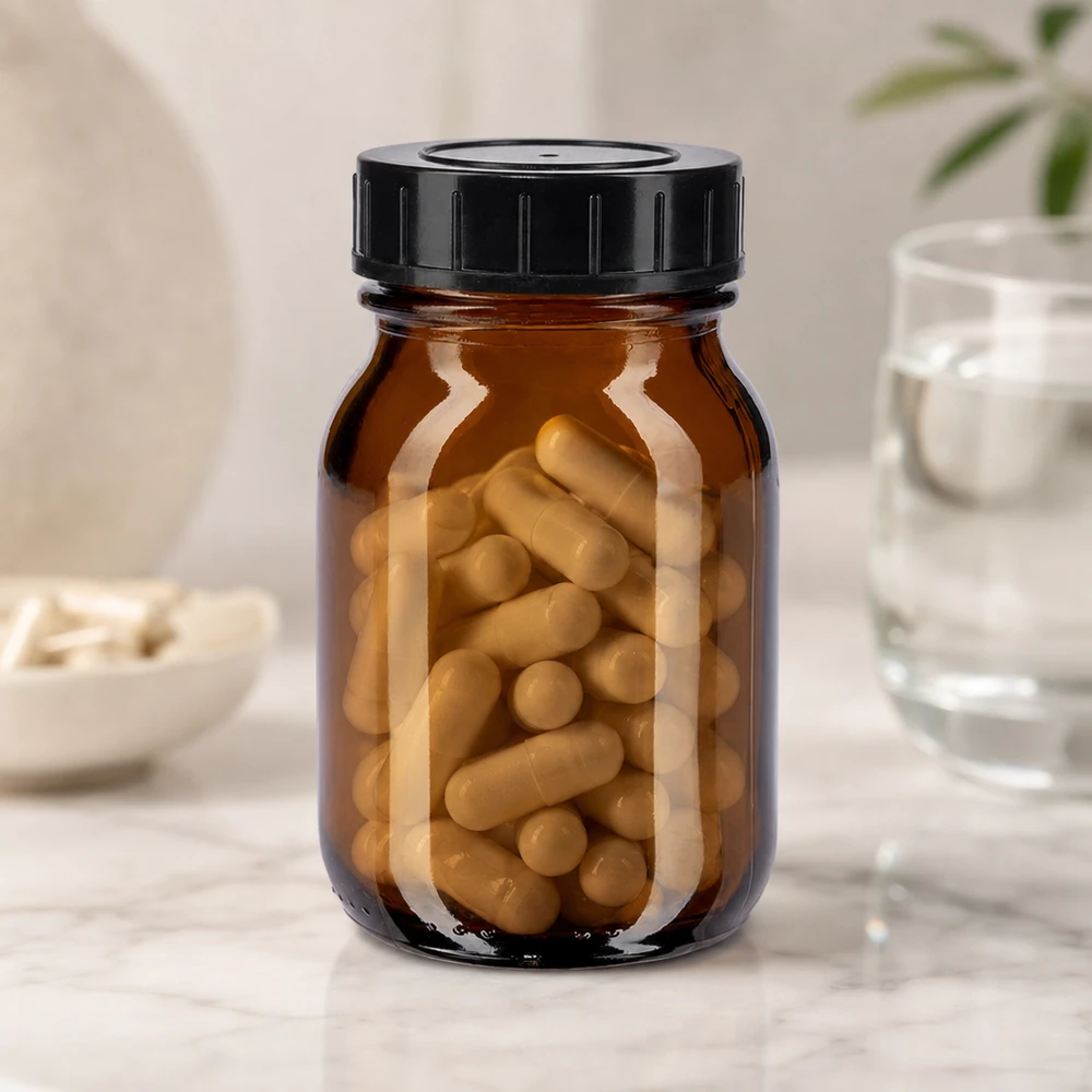 Flacon à col large 75ml en verre brun avec bouchon vissé Bouteille en verre brun de haute qualité de 75 ml avec bouchon à vis pour un stockage optimal des compléments alimentaires