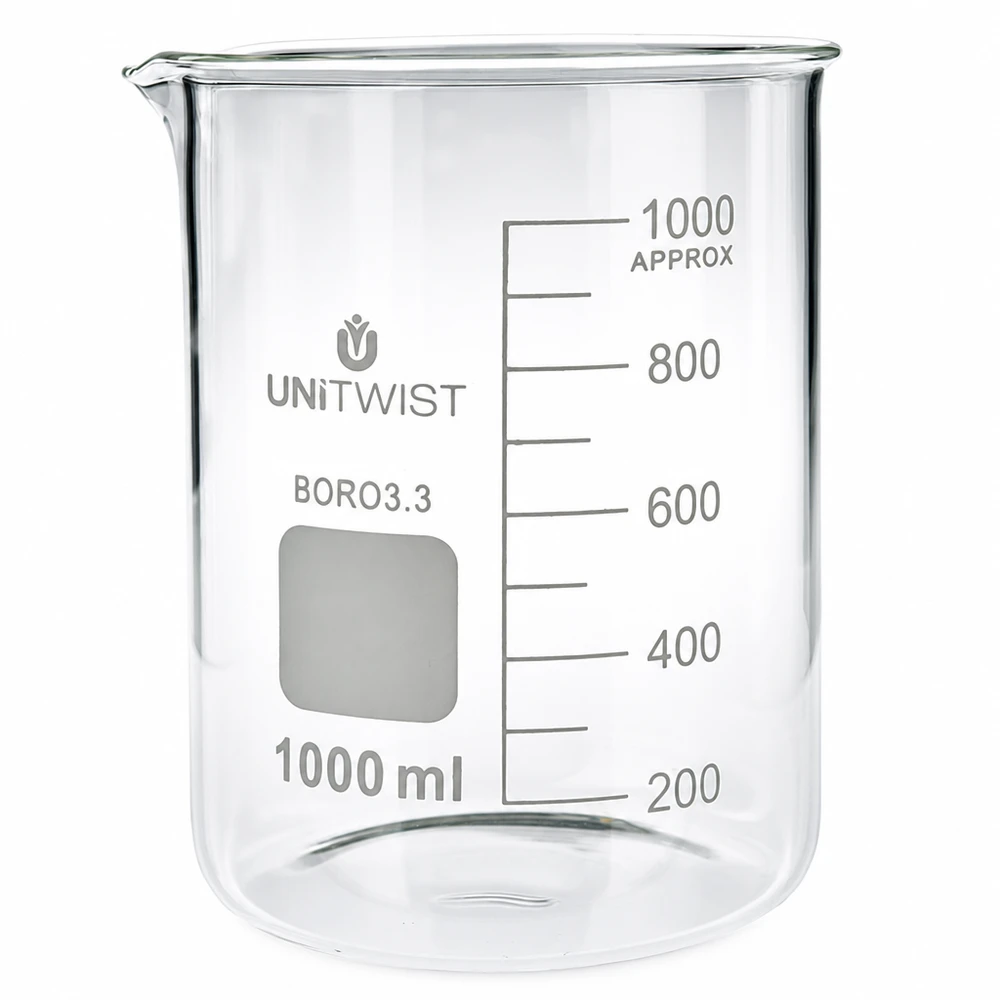 Bécher 1000ml borosilicate, forme basse UNiTWIST Bécher de laboratoire sans anse, 1 000 ml, forme basse, en borosilicate 3.3, pour laboratoire et cuisine