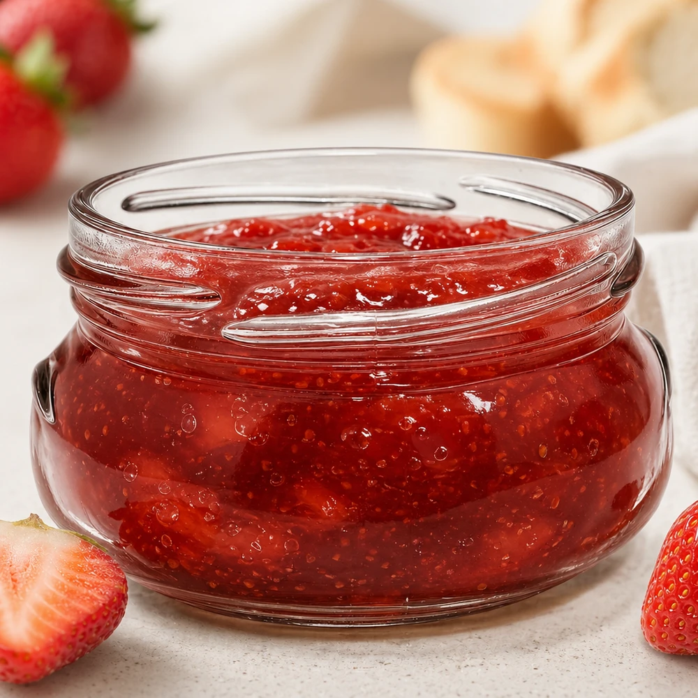 UNiTWIST Terrina120 Pot à terrine 120ml TO70 rempli de confiture de fraises rouges à côté de fraises fraîches