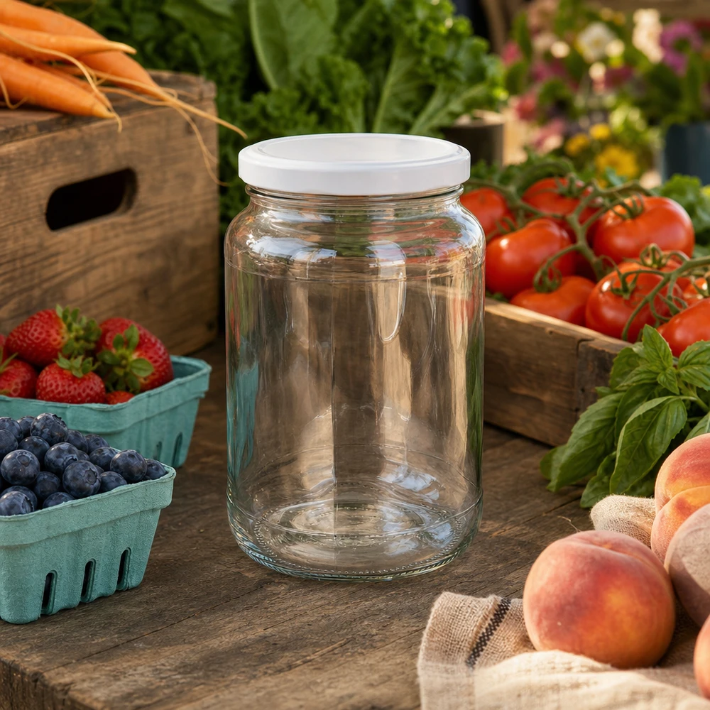 1700ml Verre rond BasicSeal blanc sur stand de marché avec tomates fraîches fraises pêches montre la polyvalence