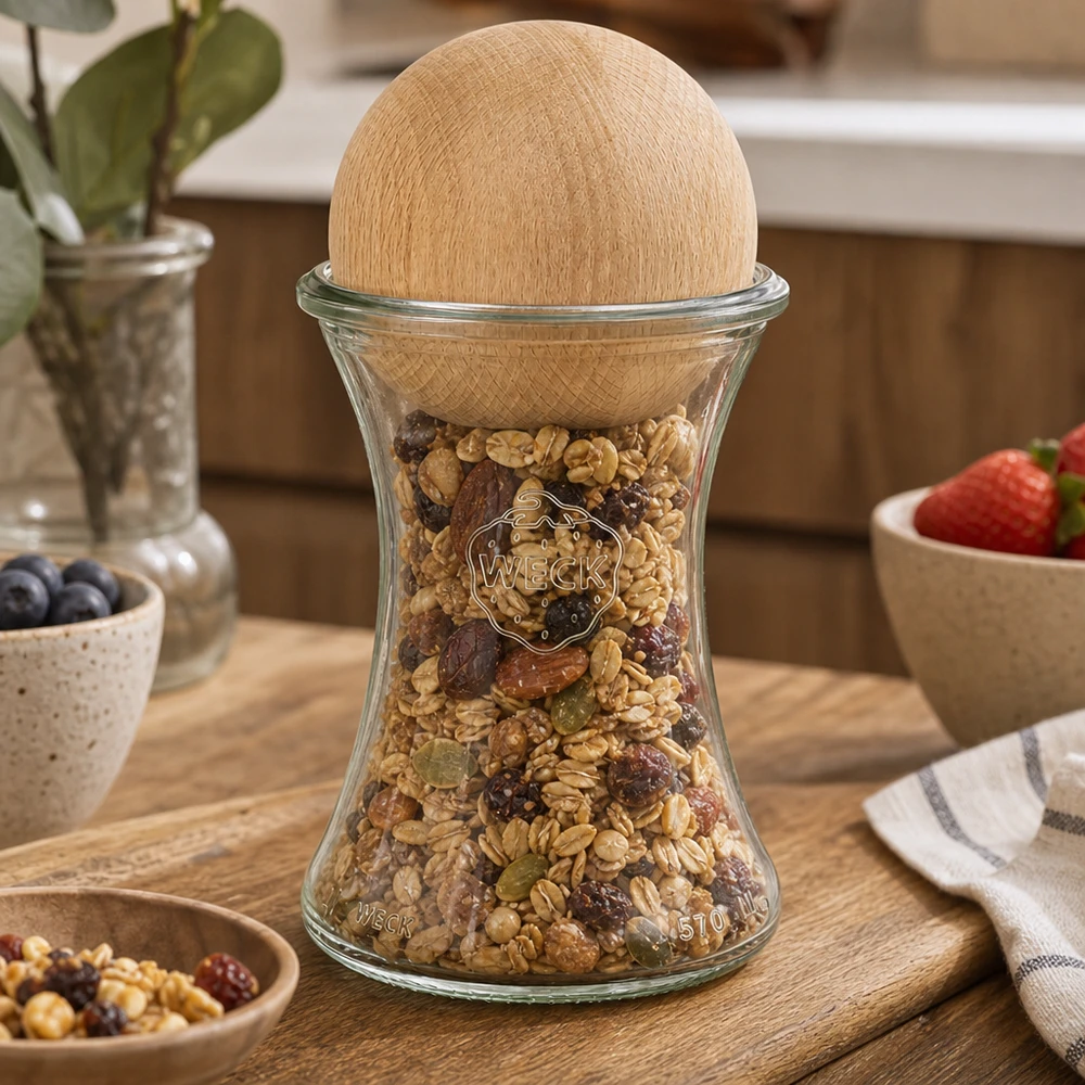 370ml bocal à gourmandises WECK RR80 avec boule en bois en hêtre WECK Vorratsglas 370ml mit Buchenholzkugel gefüllt mit Müsli Nüssen auf Holzbrett Küchendeko stylisch