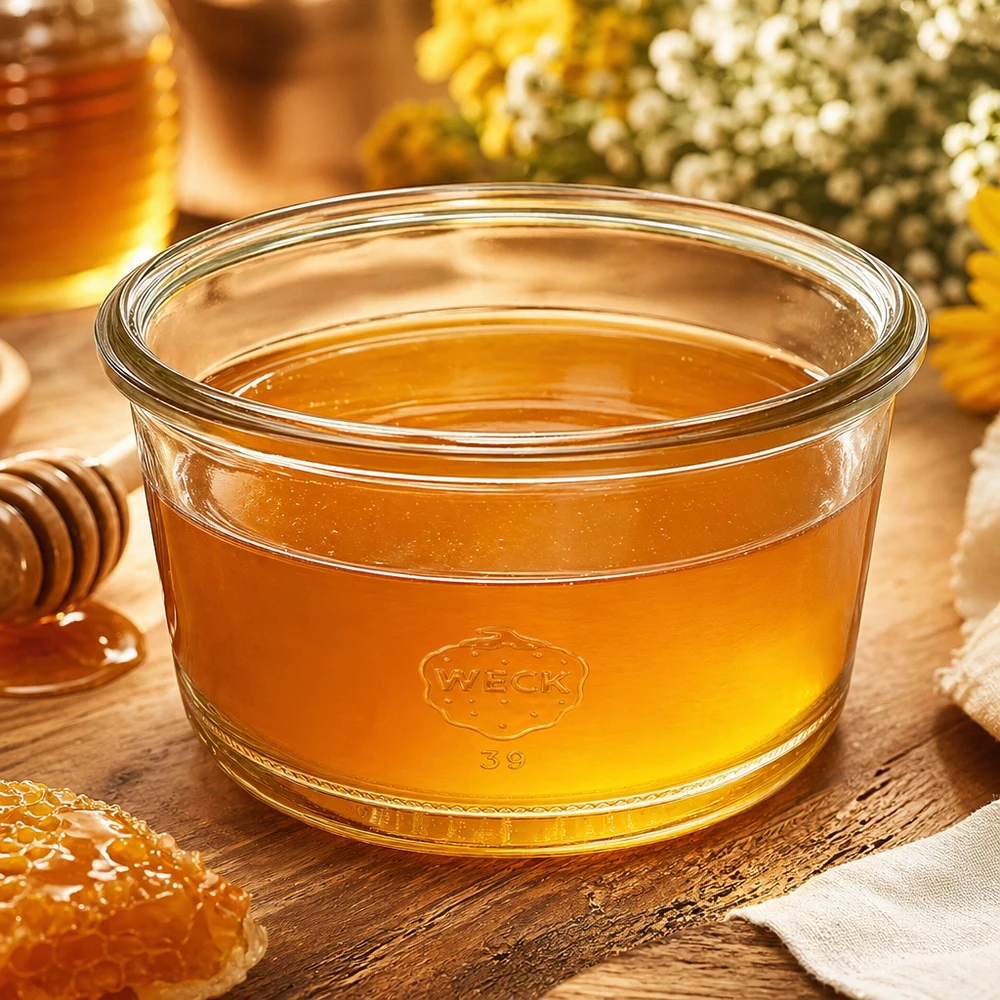 WECK Pot gourmet RR80 165ml rempli de miel jaune doré à côté de rayons d'abeilles et cuillère à miel sur surface en bois