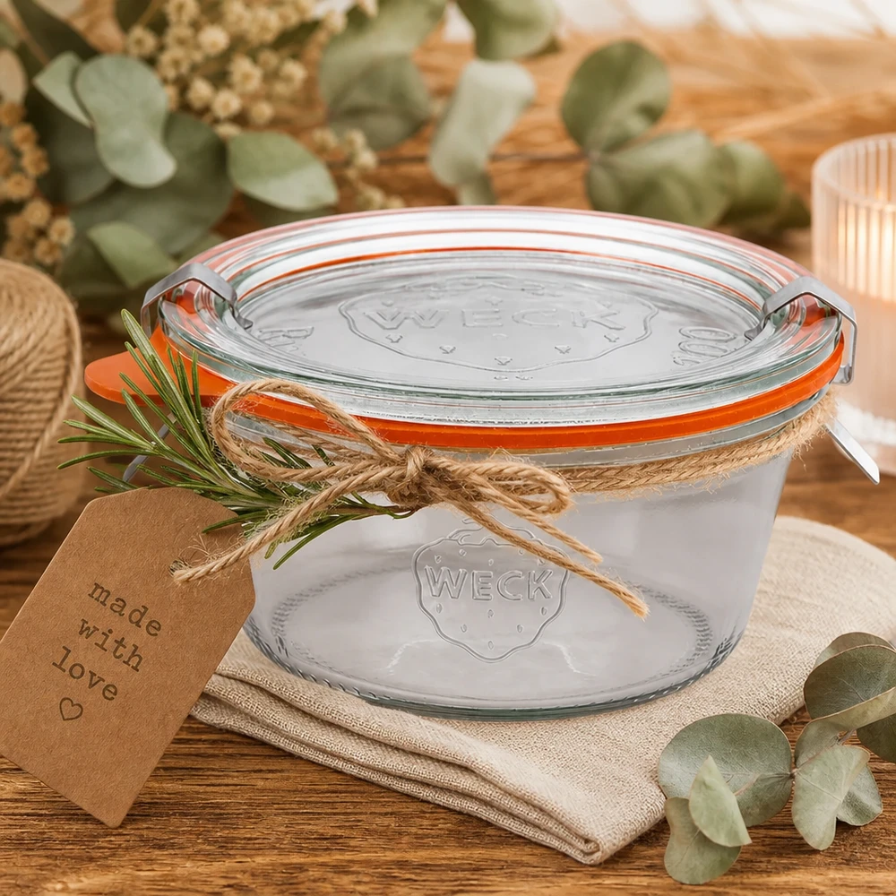 WECK Verre renversé 290ml RR100 comme idée de cadeau décoré avec une corde de jute romarin et un pendentif Made with Love
