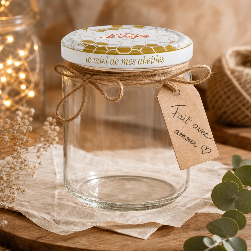 Le Parfait® pot miel 212 ml Ø63 mm Le Parfait 212ml Honey Pot de stockage décoré avec un emballage cadeau corde de jute et un pendentif écrit à la main