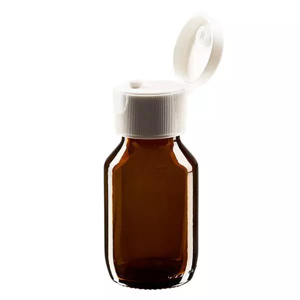 Flacon médical de 50 ml avec couvercle blanc à charnière