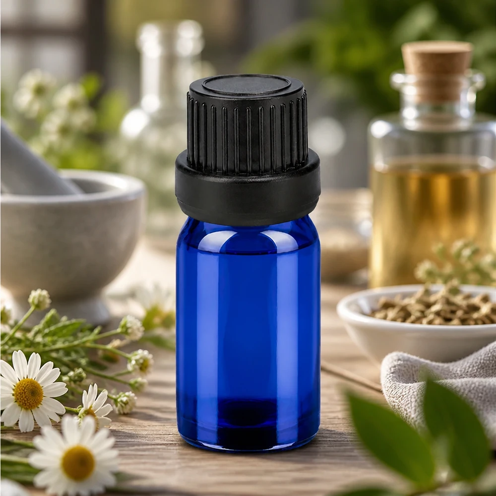 Flacon 5ml 11mm SV noir OV BlueLine UT18/5 Elégant flacon bleu de 5ml avec bouchon noir mat au design moderne pour le bien-être
