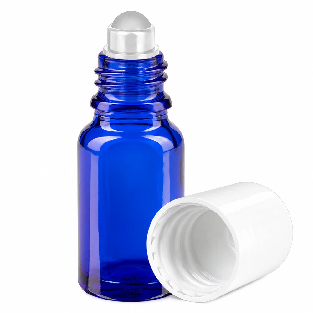 Flacon roll-on 10ml blanc STD BlueLine UT18/10 Récipient cosmétique roll-on 10ml verre bleu avec couvercle blanc amovible