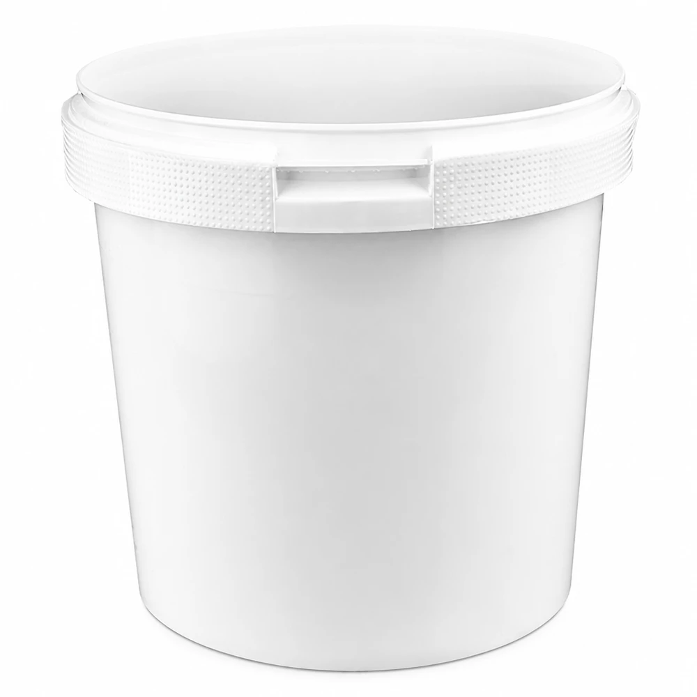 Seau blanc de 2,5 L en plastique PP, sans couvercle, avec une poignée robuste sur le bord